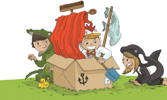 kinderen spelen in boot van karton